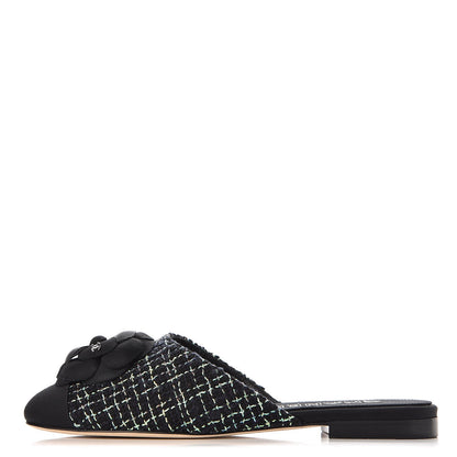 Chanel Tweed Grosgrain Camellia CC Flat Mules 40 Black Green 1 of 10