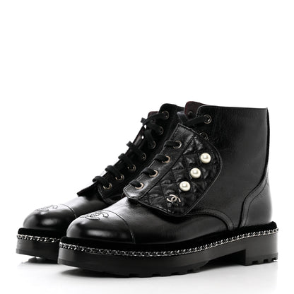 Chanel Crackled Calfskin Velvet Pearl Combat Short Boots 37.5 Black 3 of 9