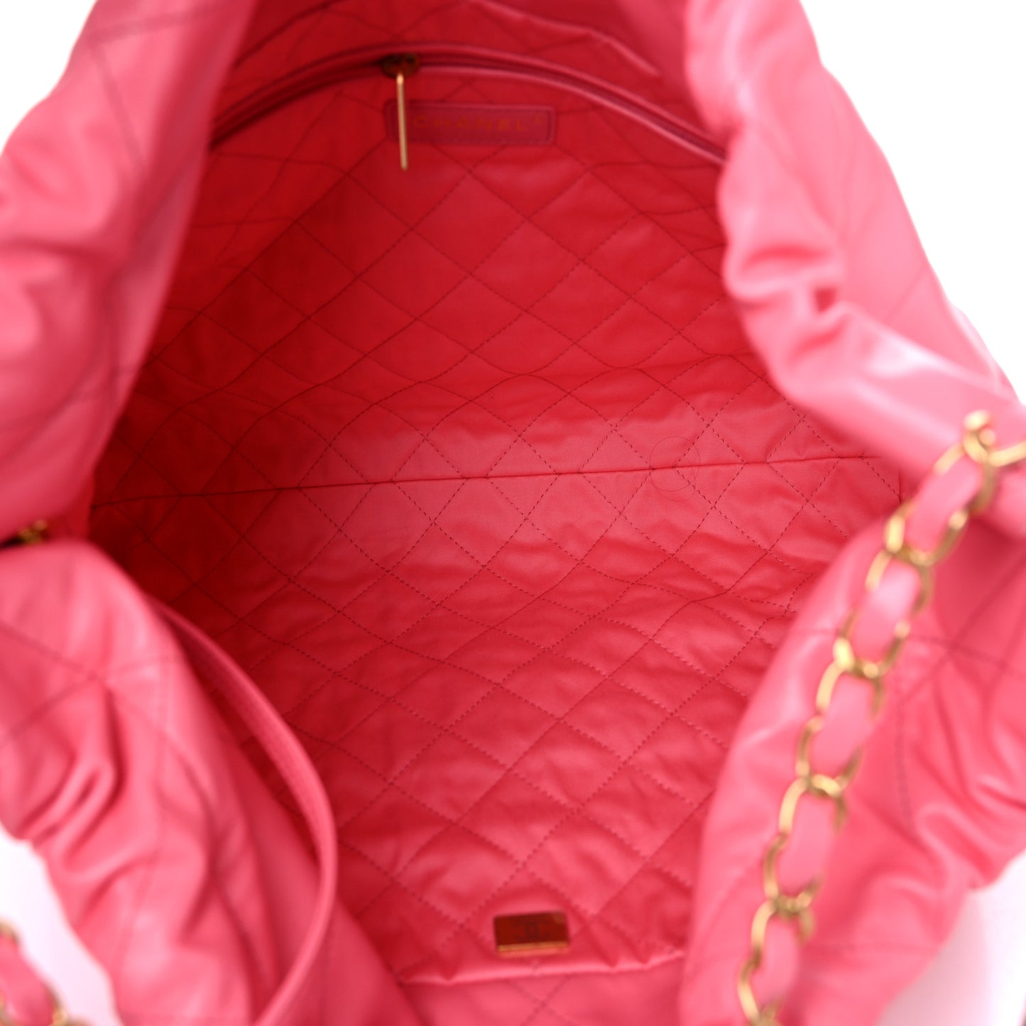 Shiny Calfskin Quilted Chanel 22 Drawstring Bag Coral Pink