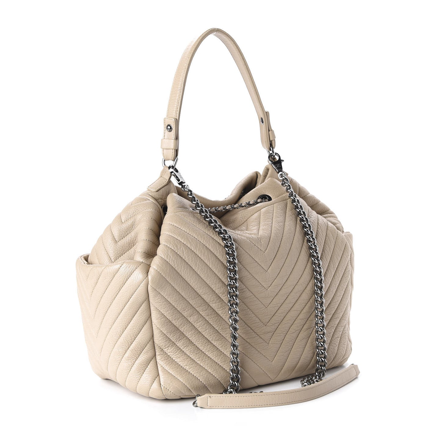 Deerskin Chevron Large CC Chain Bucket Drawstring Bag Beige