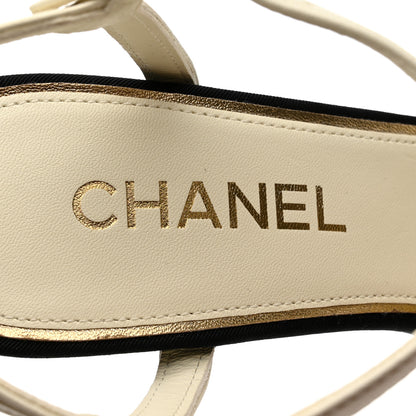 Chanel Lambskin Grosgrain Pearl CC Cap Toe Slingback Sandals 41 Ivory Black 7 of 9