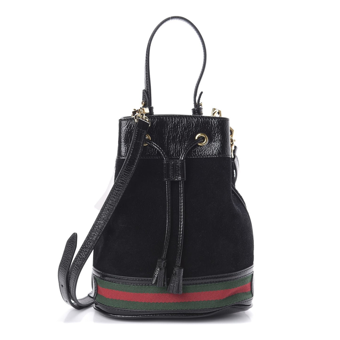 Suede Patent Web Small Ophidia Bucket Bag Black