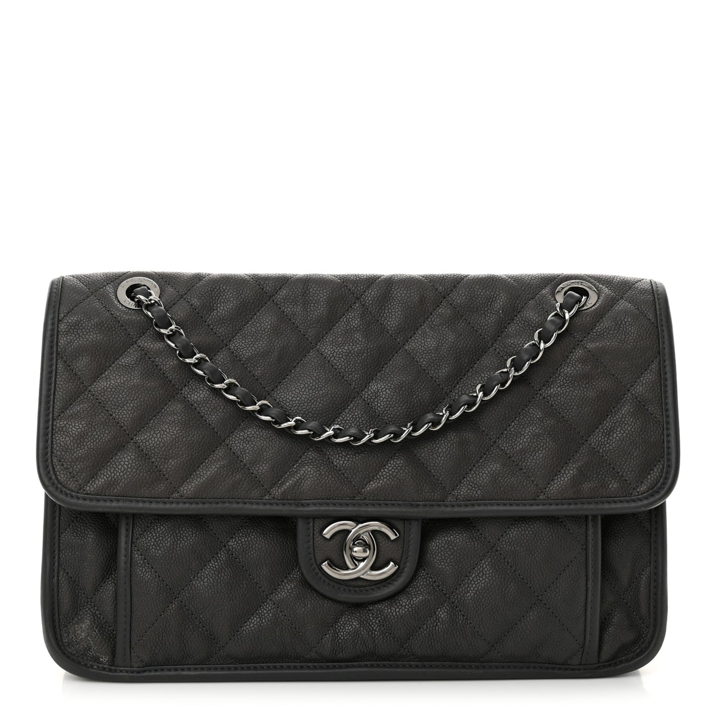 Caviar Quilted Large French Riviera Flap Dark Grey