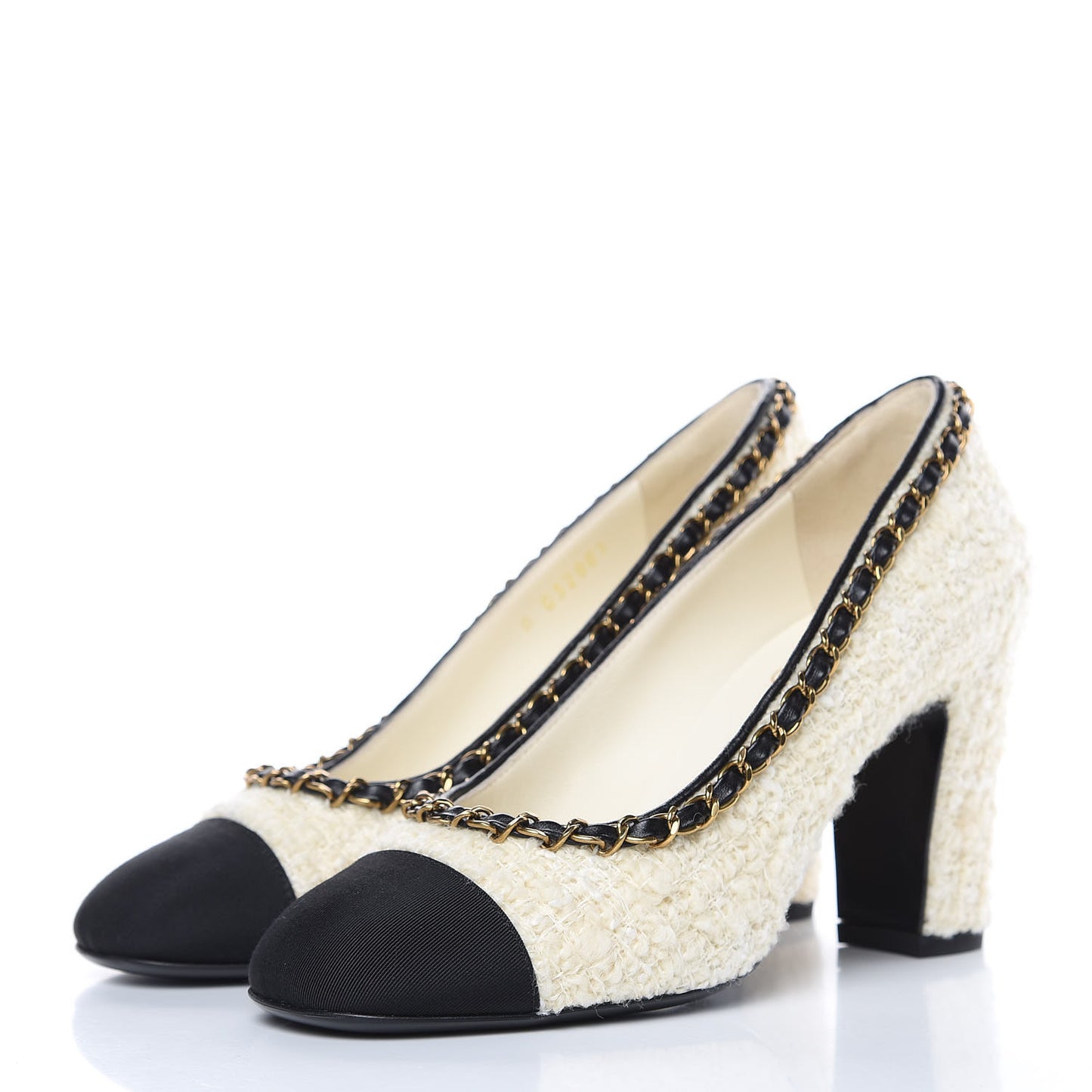 Tweed Grosgrain Chain Cap Toe Pumps 36 Ivory Black