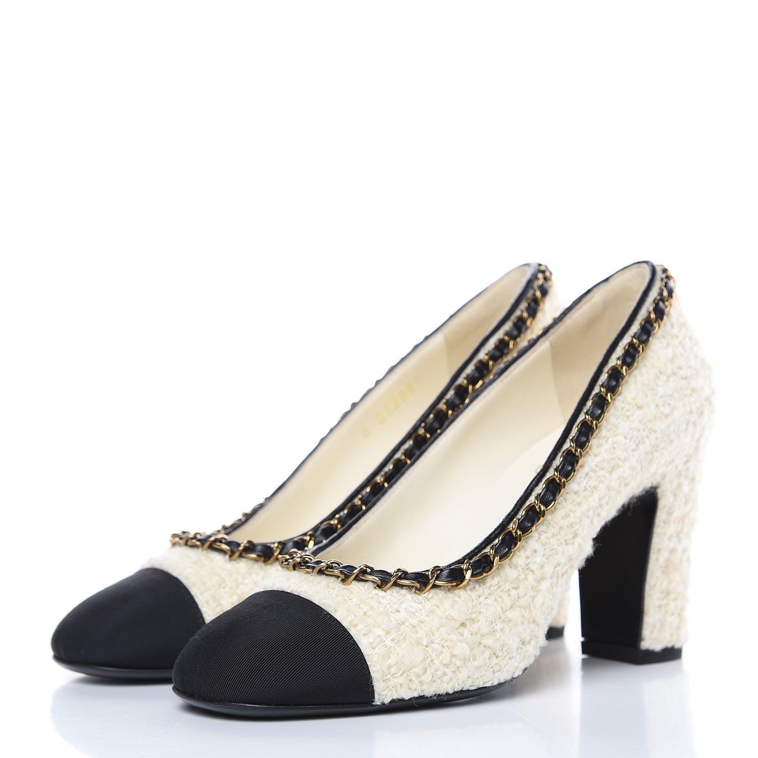 Chanel Tweed Grosgrain Chain Cap Toe Pumps 36 Ivory Black 3 of 9