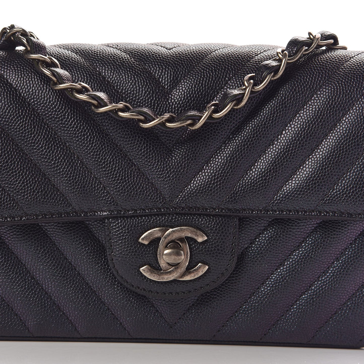 Iridescent Caviar Chevron Quilted Mini Rectangular Flap Black
