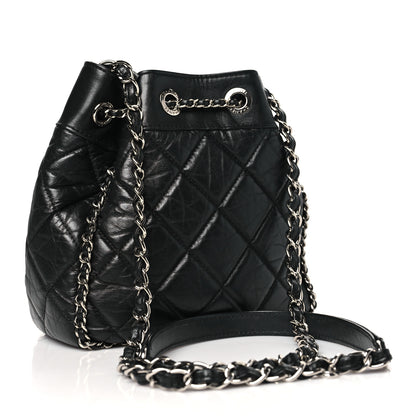 Chanel Crumpled Calfskin Quilted Chain All Over Drawstring Bucket Bag Black 3 of 10