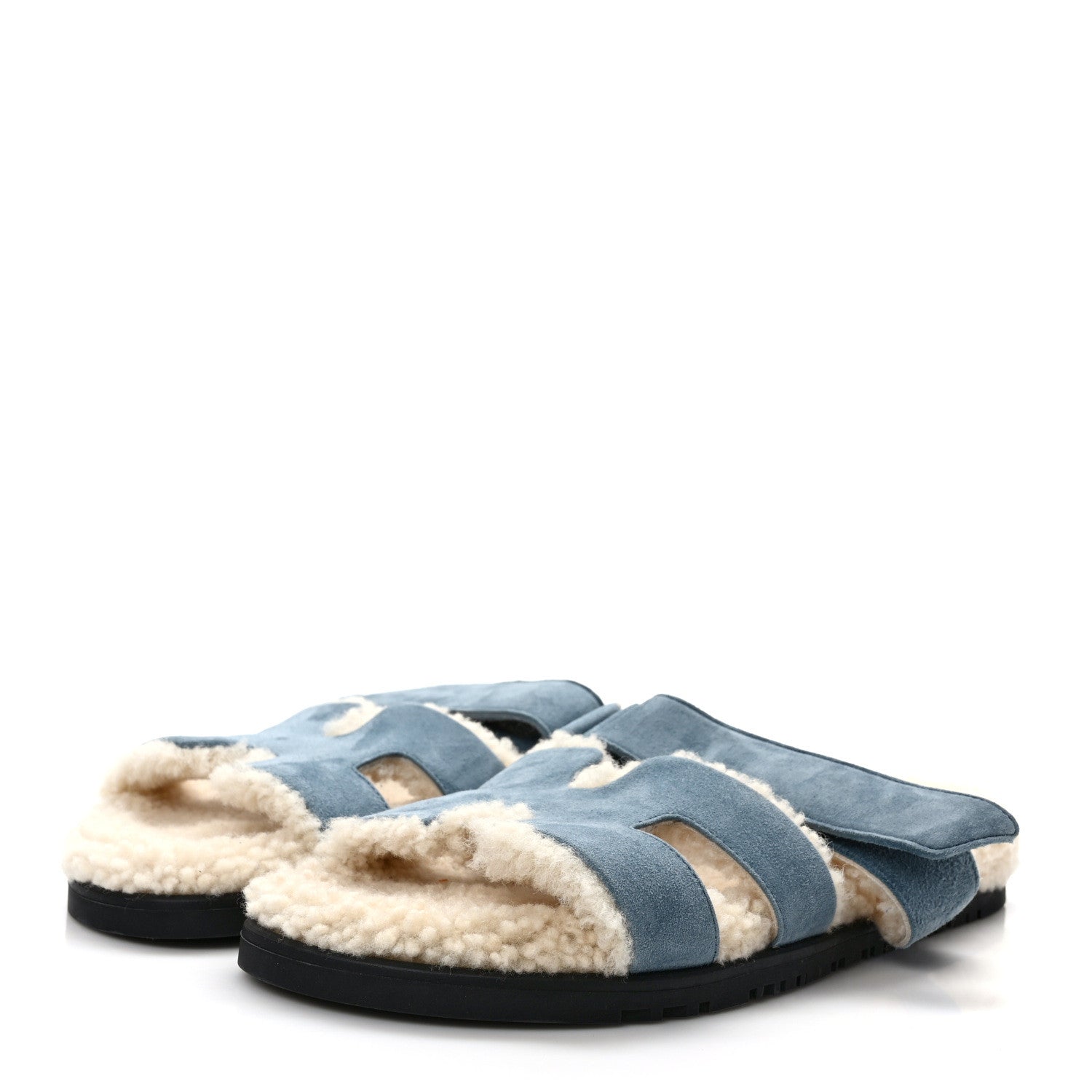 Hermes Suede Goatskin Woolskin Womens Chypre Sandals 39 Bleu Pinede Ecru 3 of 7