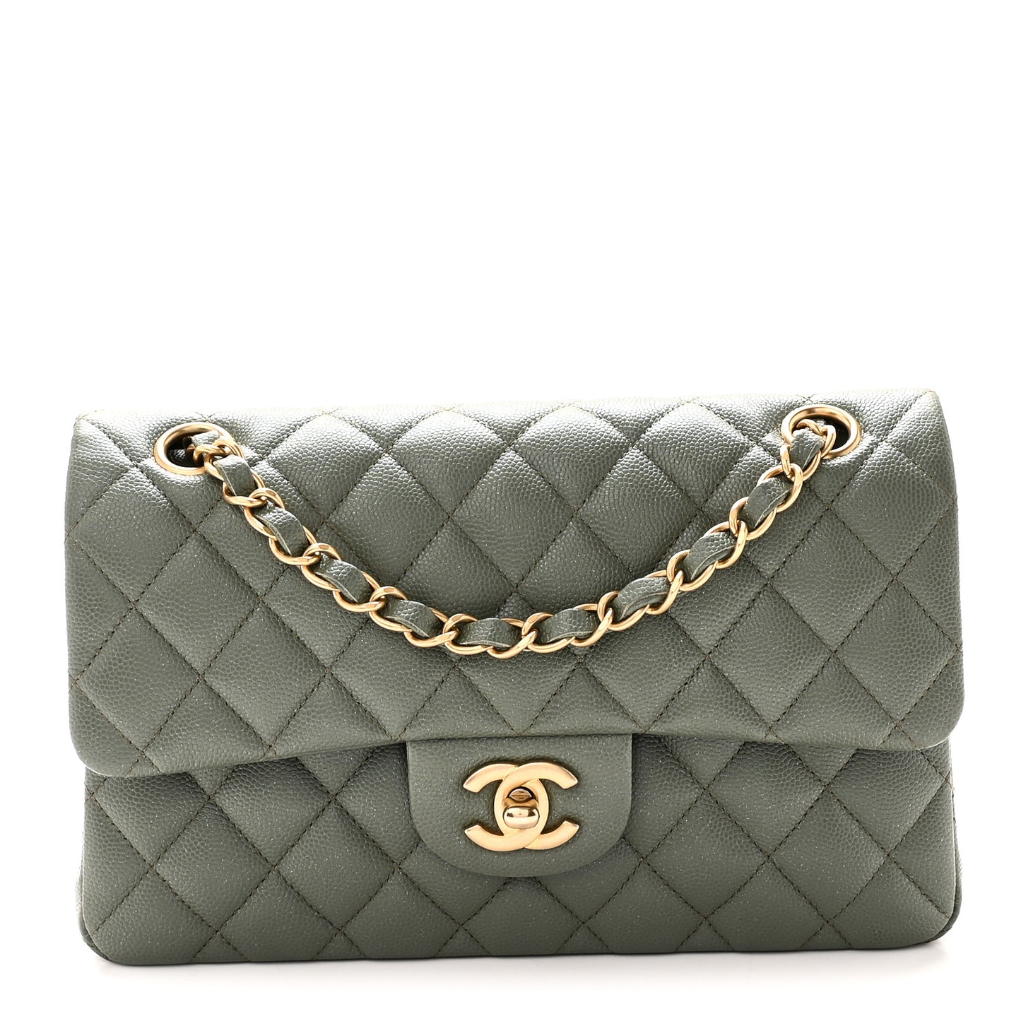Iridescent Caviar Quilted Small Double Flap Green