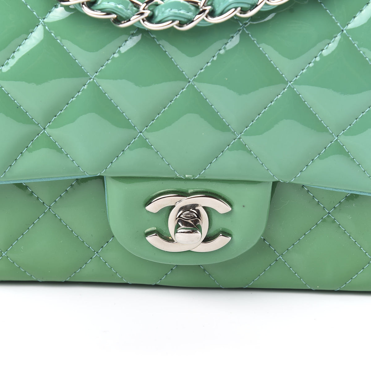 Patent Calfskin Quilted Mini Rectangular Flap Green