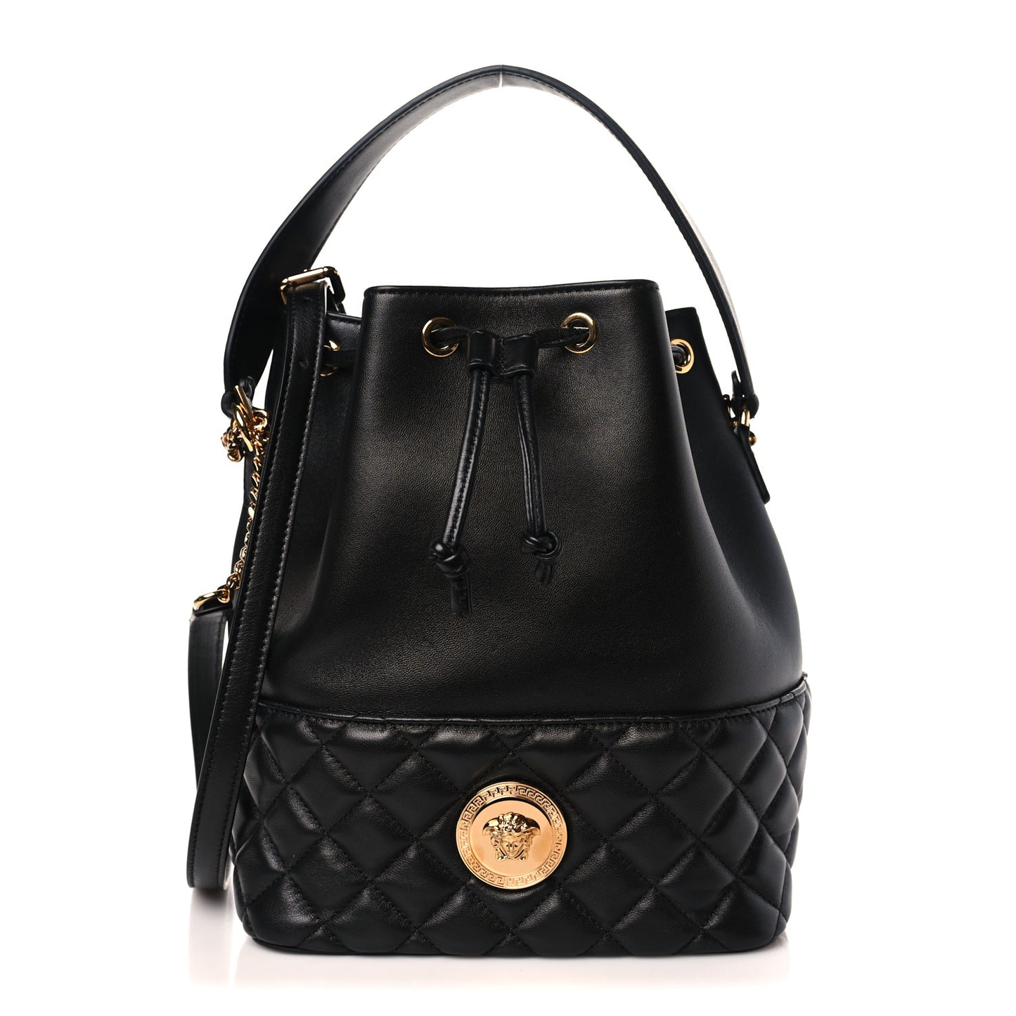 Nappa Quilted Medusa Top Handle Bucket Bag Black
