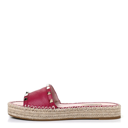 Valentino Garavani Grained Calfskin Rockstud Espadrille Flat Slide Sandals 38 Red 1 of 4