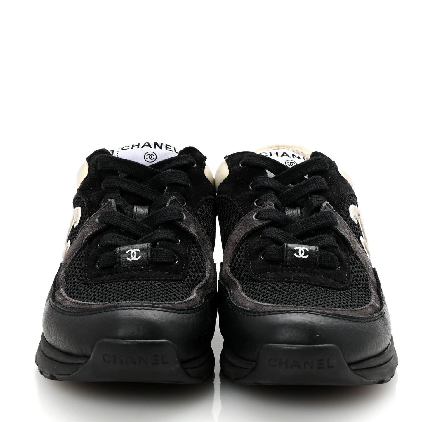 Mesh Suede Grained Calfskin Womens CC Sneakers 36.5 Black White
