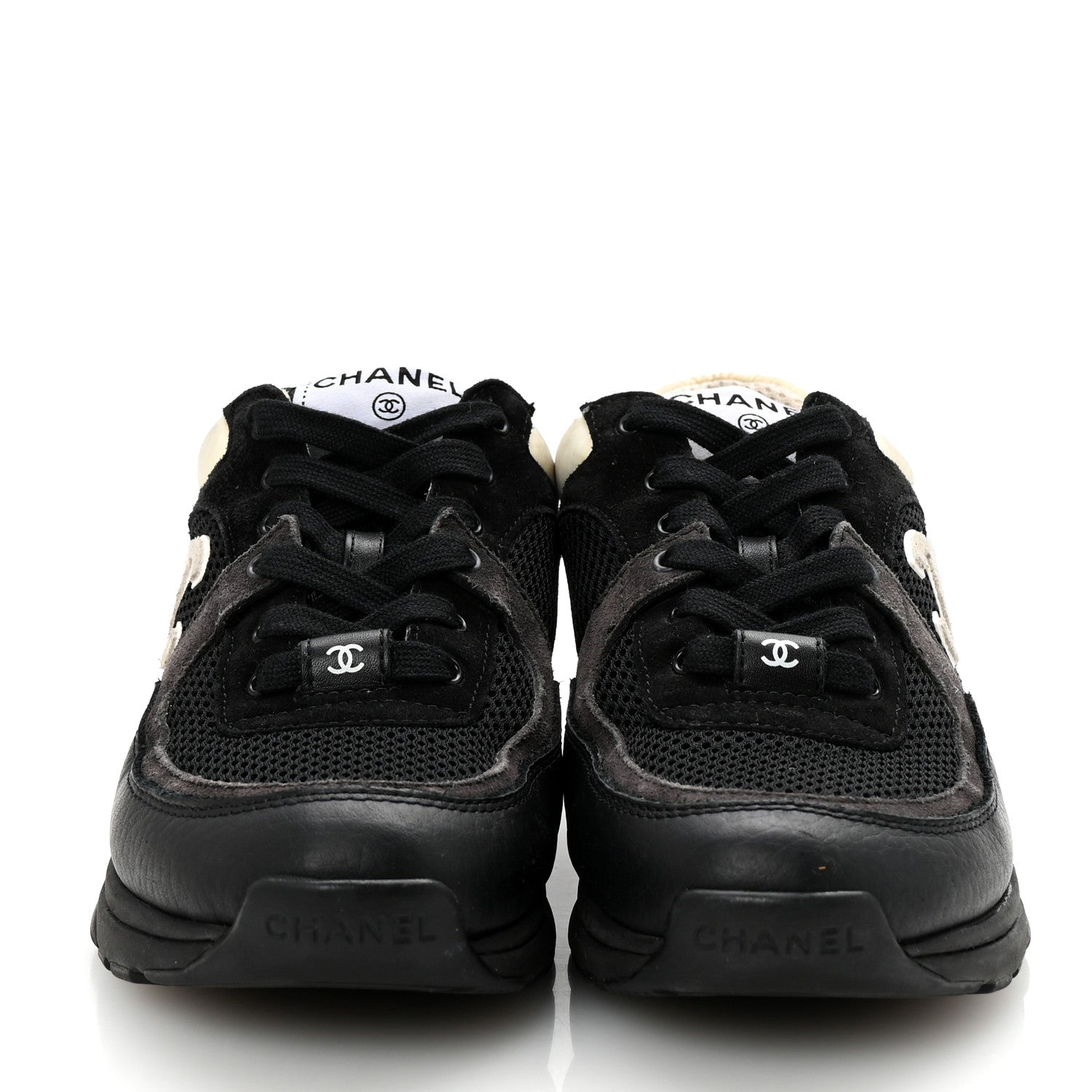 Chanel Mesh Suede Grained Calfskin Womens CC Sneakers 36.5 Black White 3 of 10