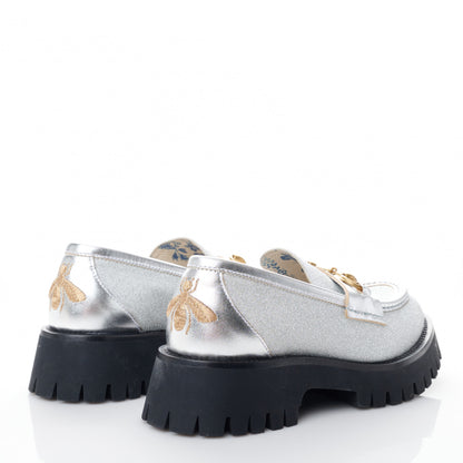 Gucci Mini Diamond Storm Silk Calfskin Womens Harald Horsebit 25mm Platform Loafers 36 Silver 4 of 10