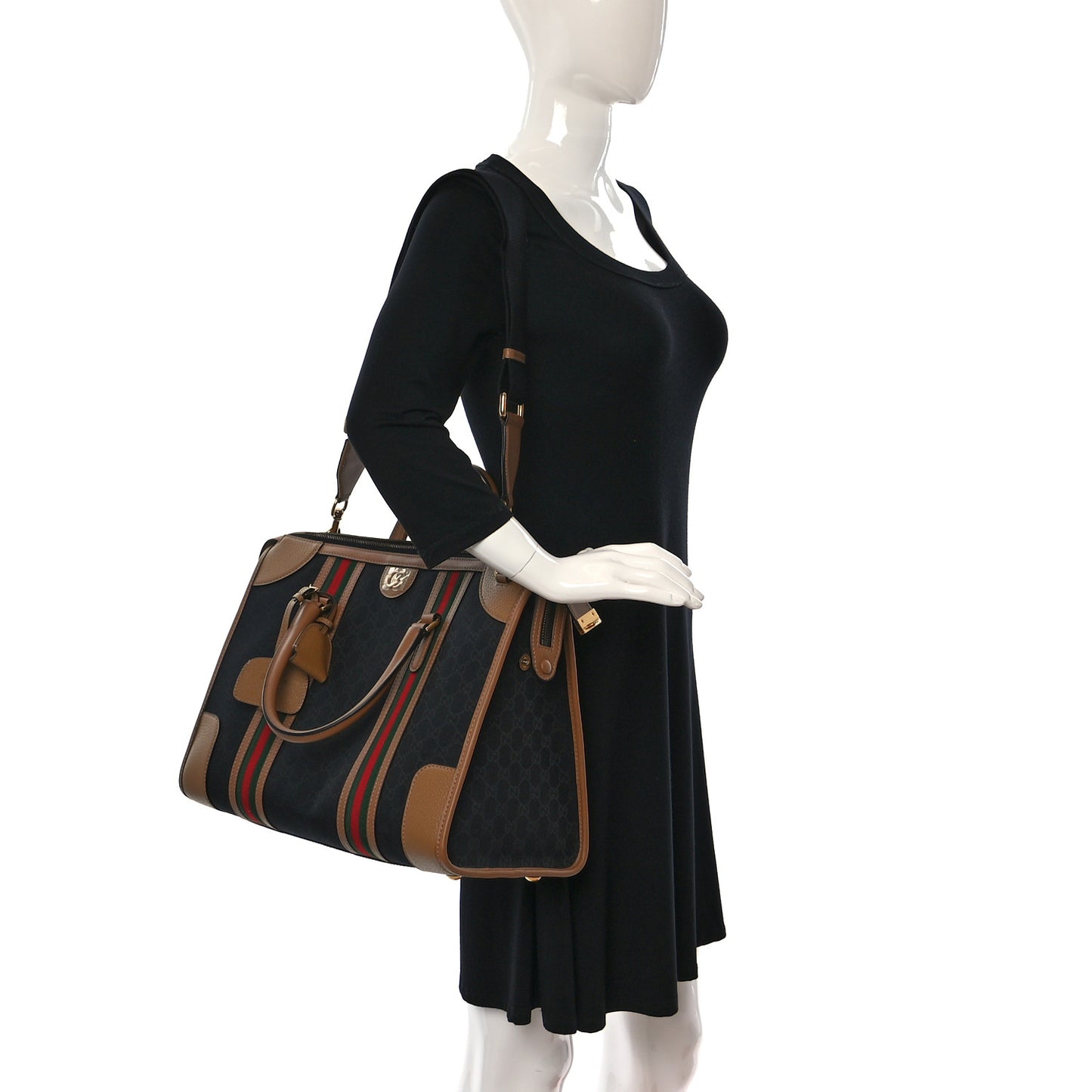Monogram Textured Dollar Calfskin Web Large Bauletto Duffle Top Handle Bag Black Koi Beige