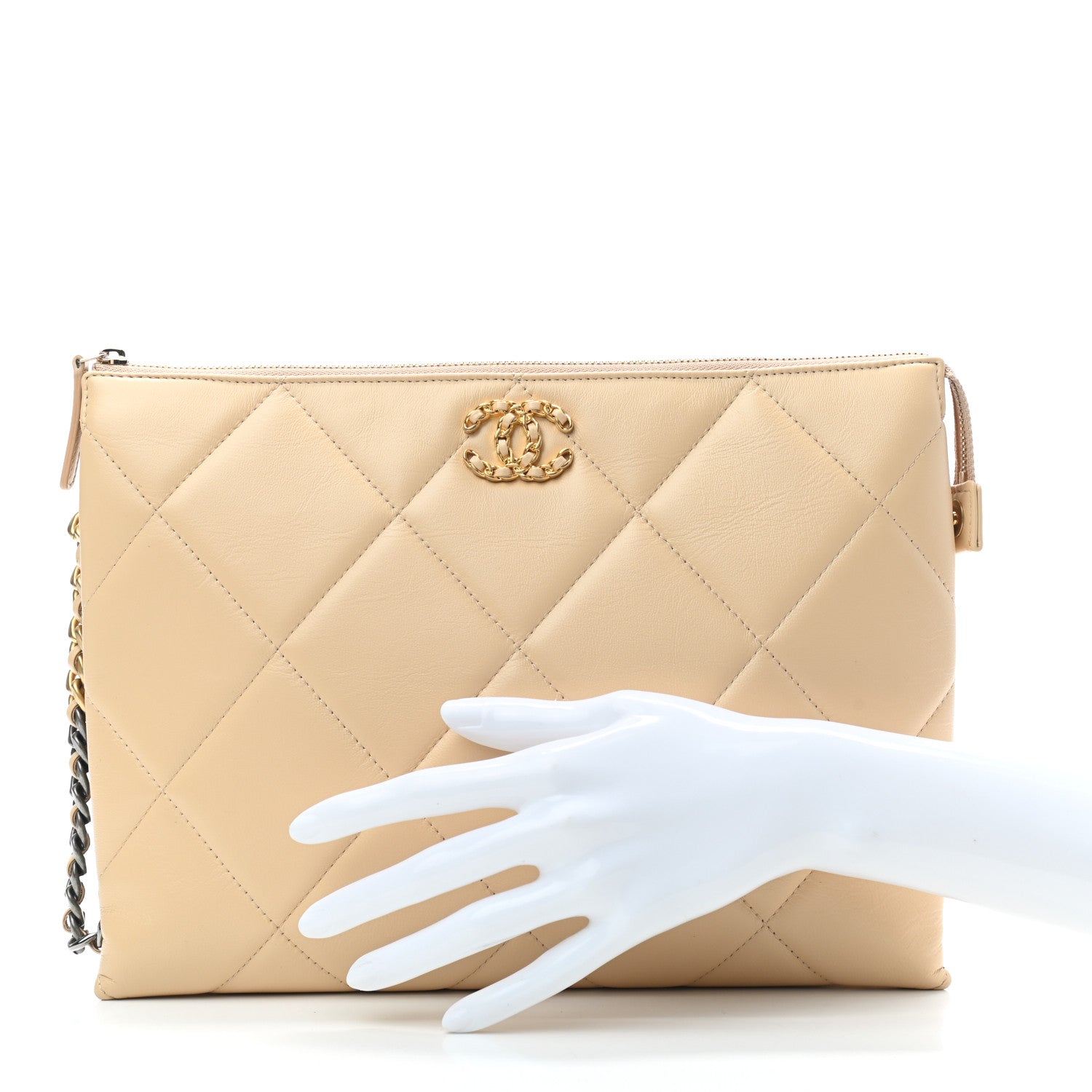 Chanel Shiny Goatskin Quilted Large Chanel 19 Pouch Beige 2 of 7