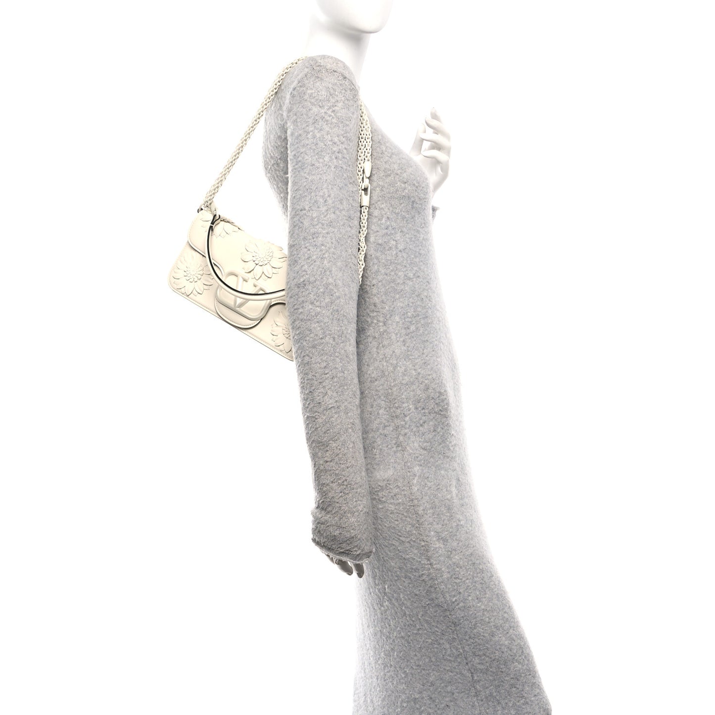 Calfskin Floral Embellished Monochrome Vlogo Loco Shoulder Bag White