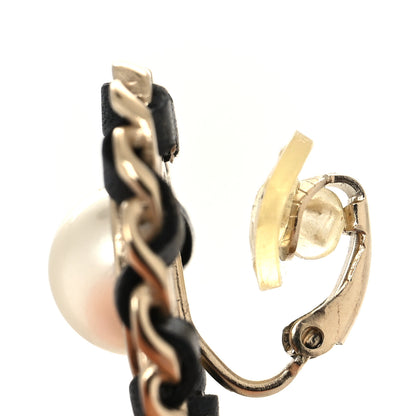 Chanel Pearl Lambskin Chain Logo Hoop Clip On Earrings Black Gold 5 of 5