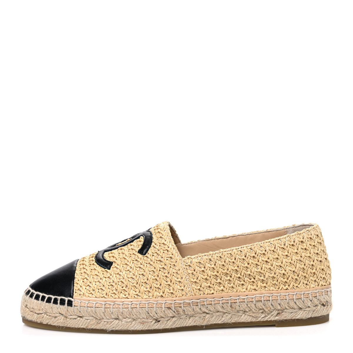 Braided Fabric Lambskin CC Espadrilles 42 Beige Black