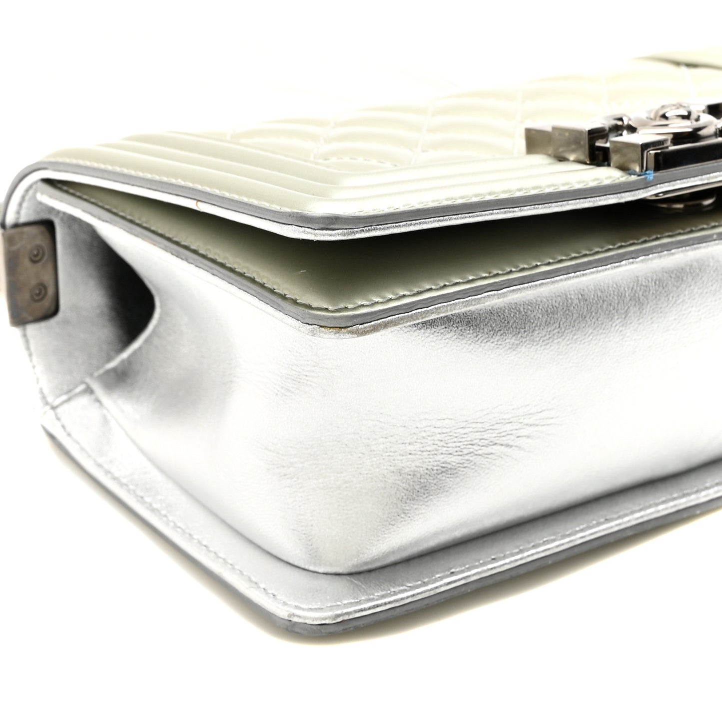 Metallic Patent Calfskin Quilted Small Boy Flap Silver