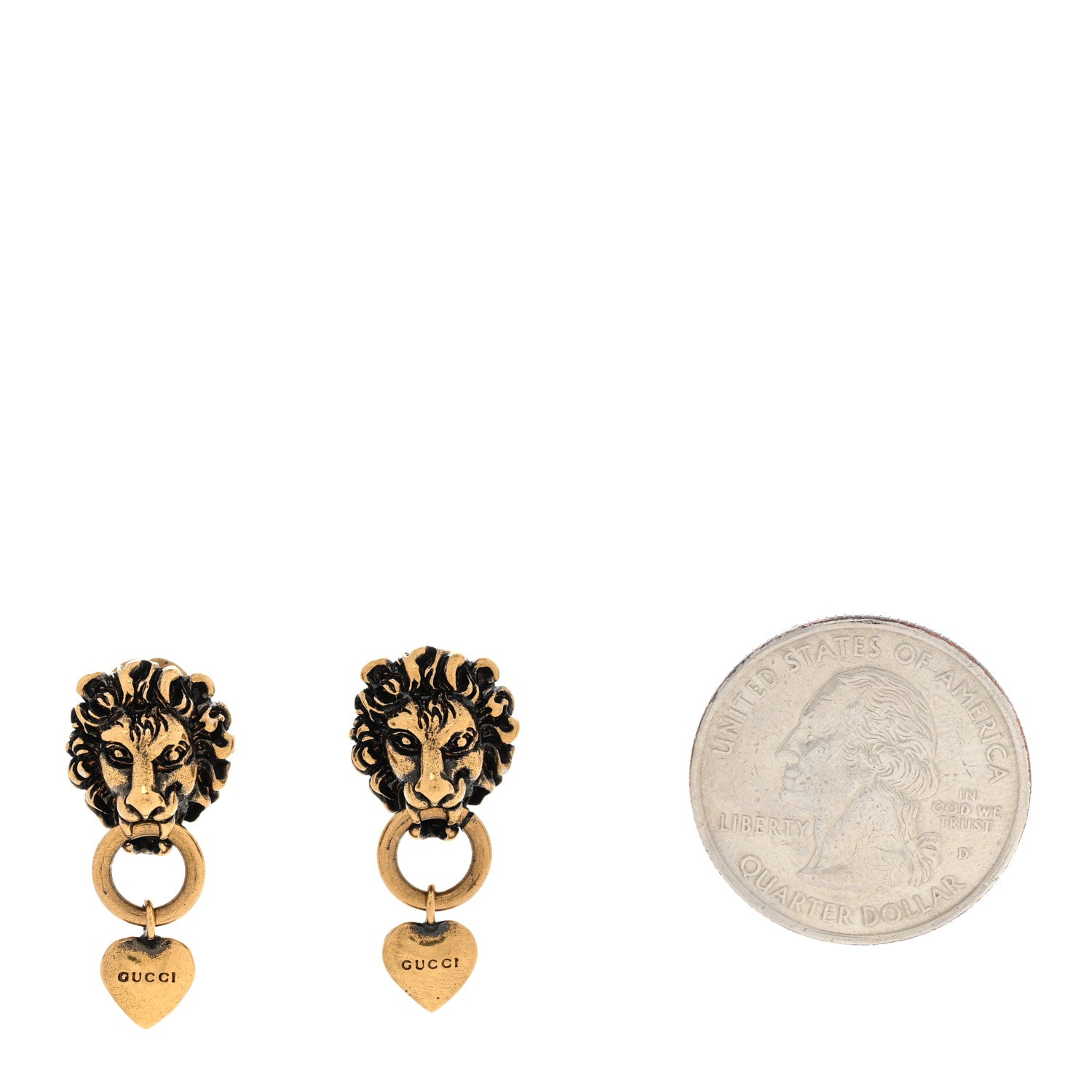 Gucci Metal Lion Head Heart Drop Earrings Aged Gold 2 of 5