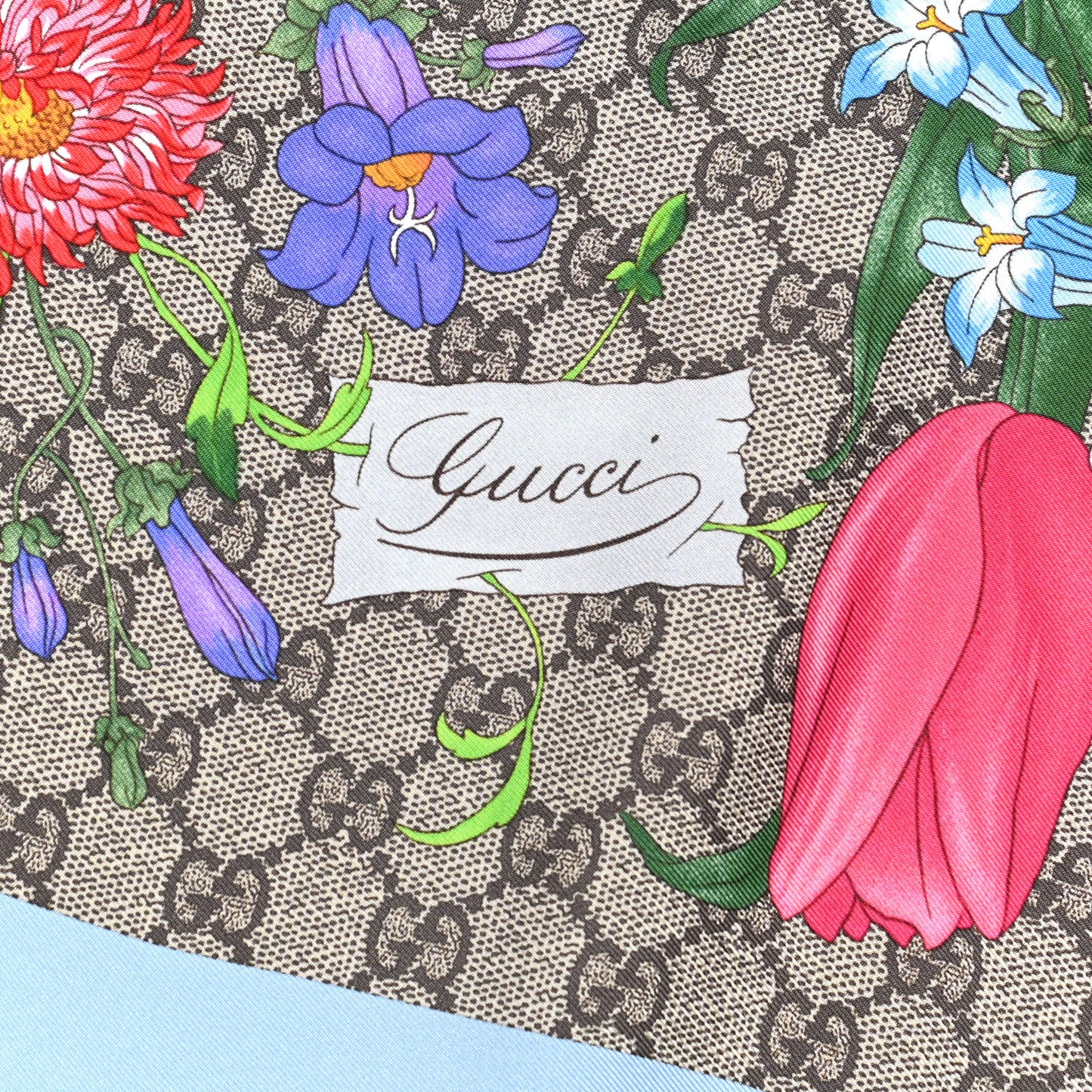 Silk Twill GG Monogram Special Florio Square Scarf Beige Sky Blue