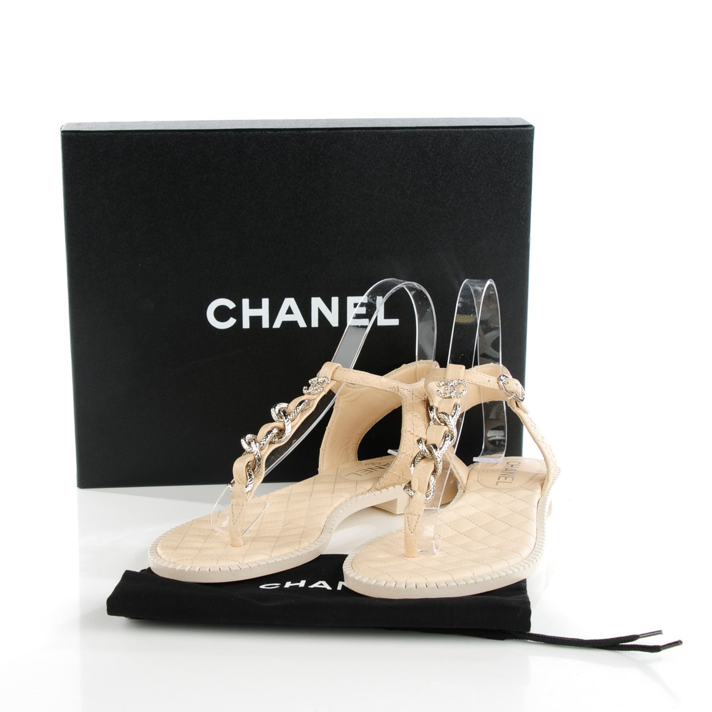Calfskin CC Chain Thong Sandals 36.5 Beige