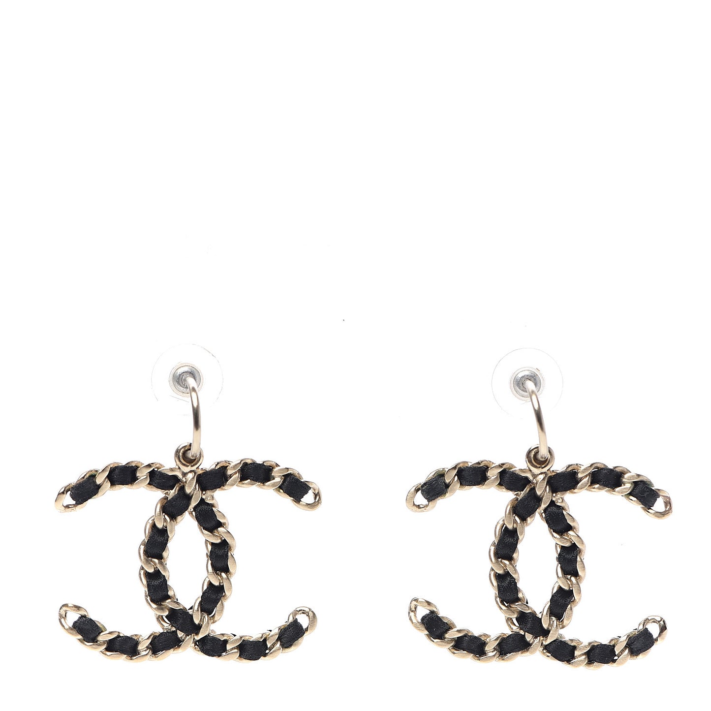 Satin CC Chain Earrings Light Gold Black