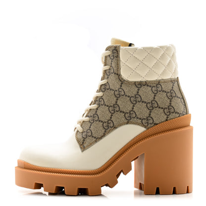 Gucci Calfskin GG Supreme Monogram Nappa Quilted Lace Up Ankle Boots 35 Mystic 35.5 White Beige 1 of 9