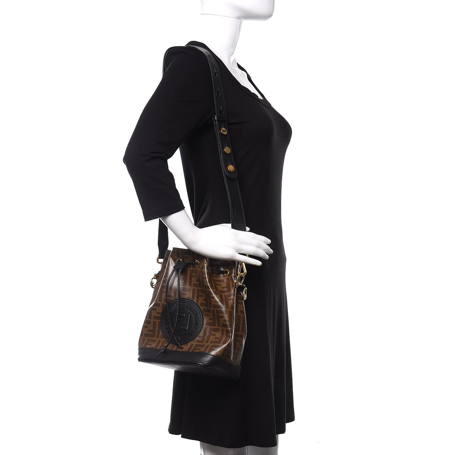 Glazed Fabric Vitello Grace F is Fendi FF 1974 Stamp Patch Grande Mon Tresor Bucket Bag Mogano Panna Black