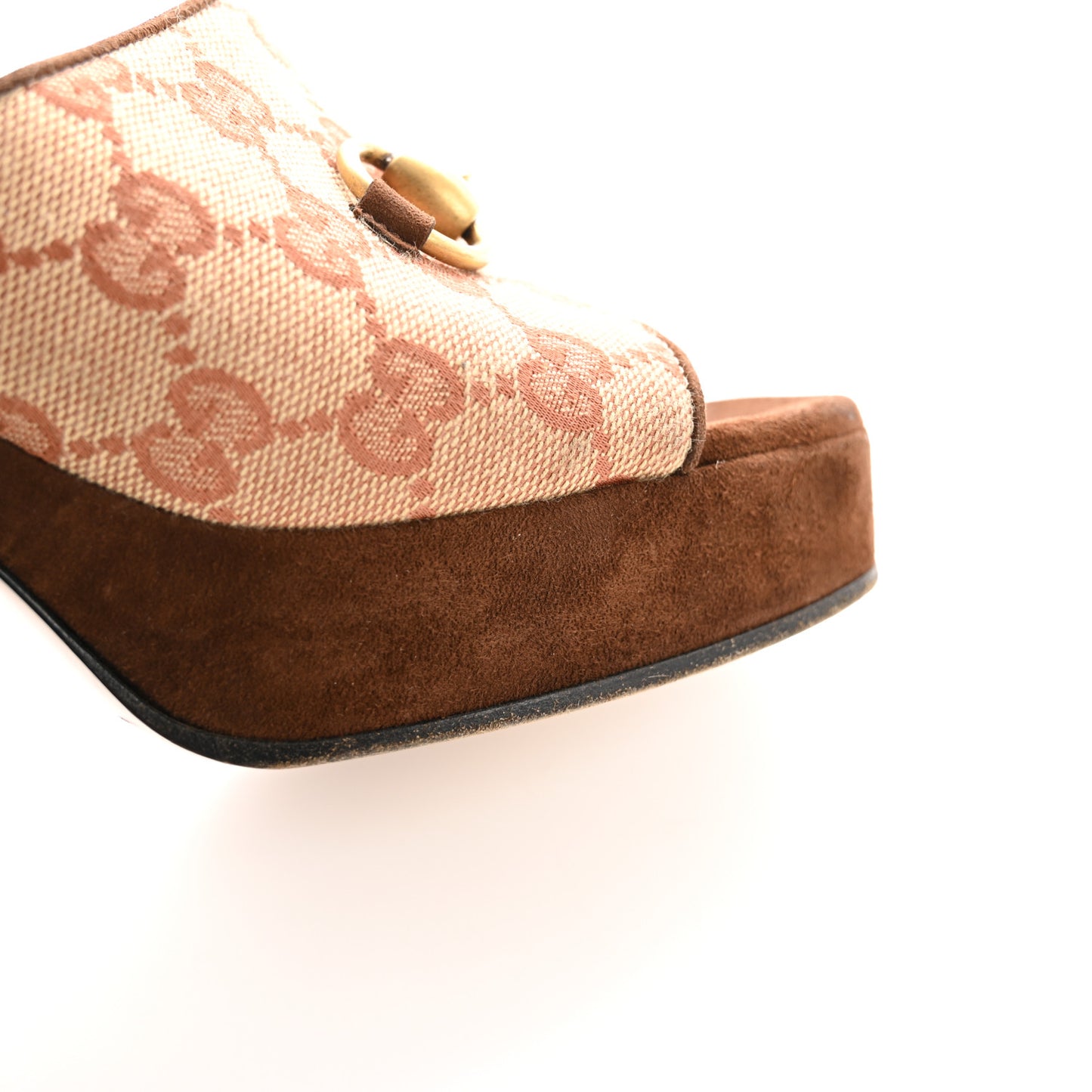 GG Monogram Kid Scamosciato Houdan Mid Heel Platform Slide Sandals 35 Beige Ruggine Maroon