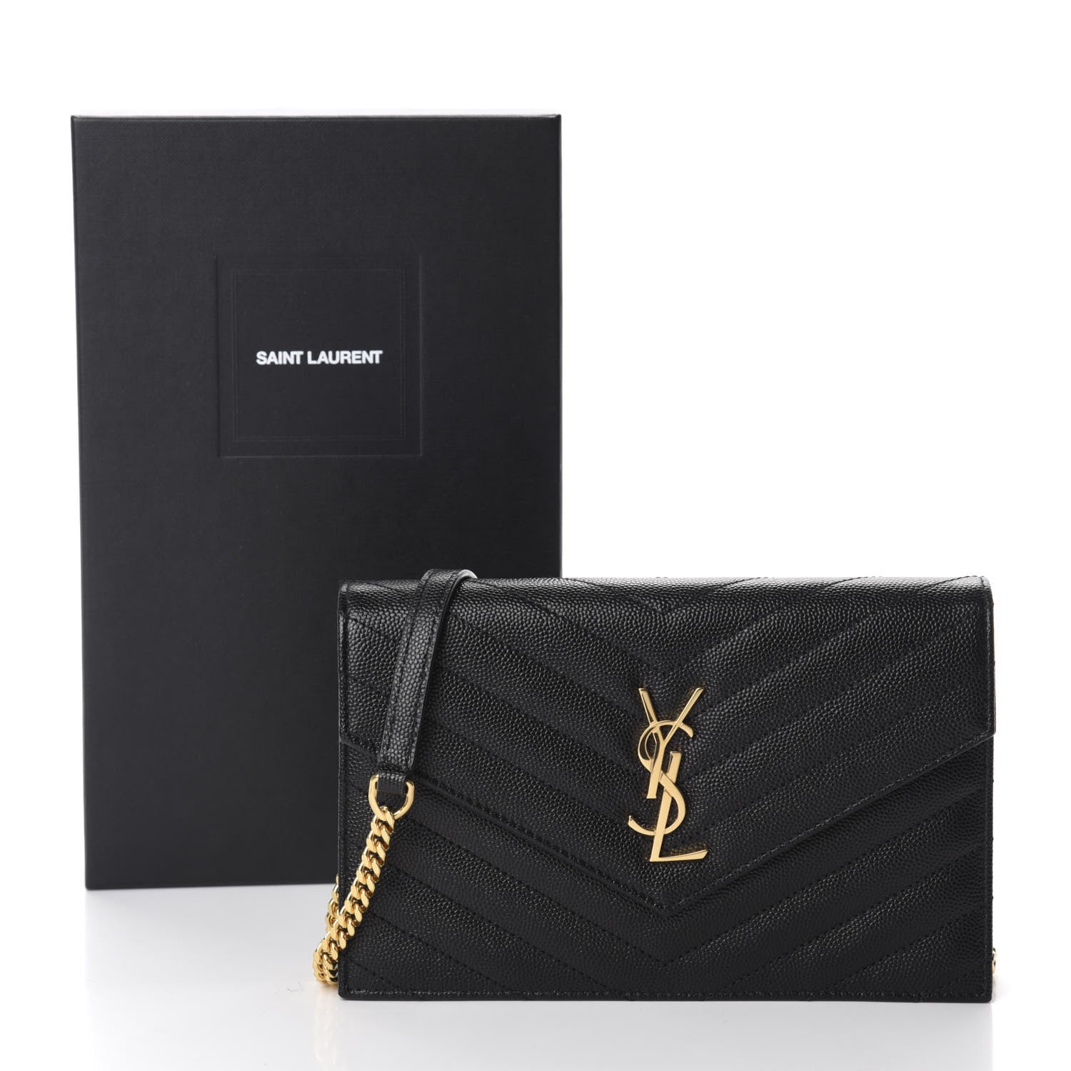 Saint Laurent Grain De Poudre Matelasse Chevron Monogram Envelope Chain Wallet Black 10 of 10
