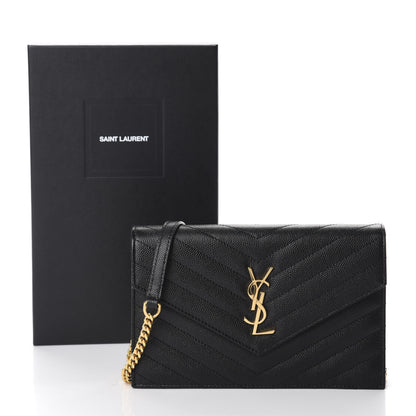 Saint Laurent Grain De Poudre Matelasse Chevron Monogram Envelope Chain Wallet Black 10 of 10