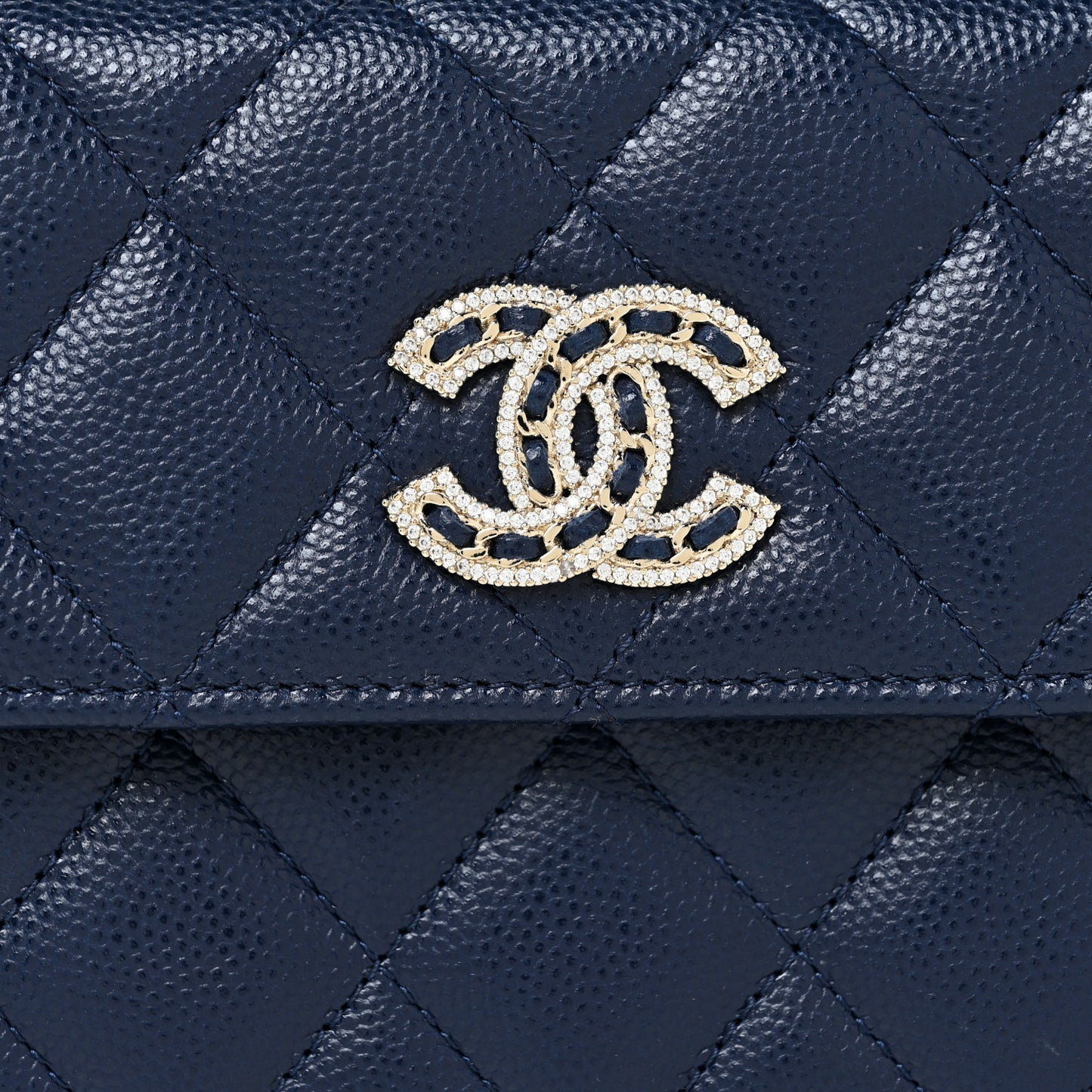 Caviar Quilted Crystal Long Flap Wallet Navy Blue