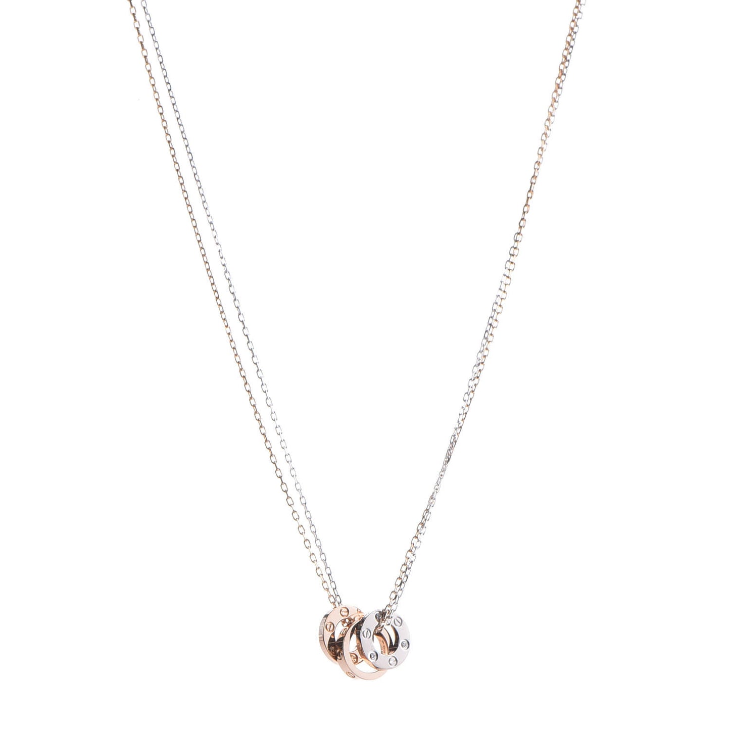 18K White Pink Gold Diamond Three Ring LOVE Pendant Necklace