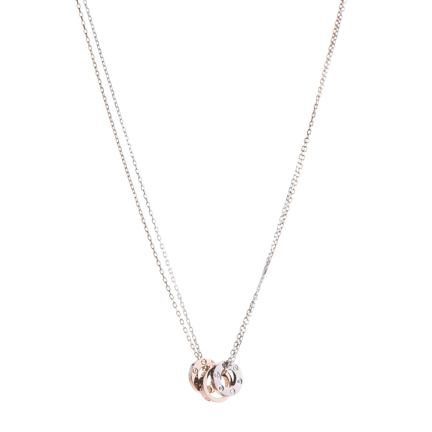 Cartier 18K White Pink Gold Diamond Three Ring LOVE Pendant Necklace 1 of 8