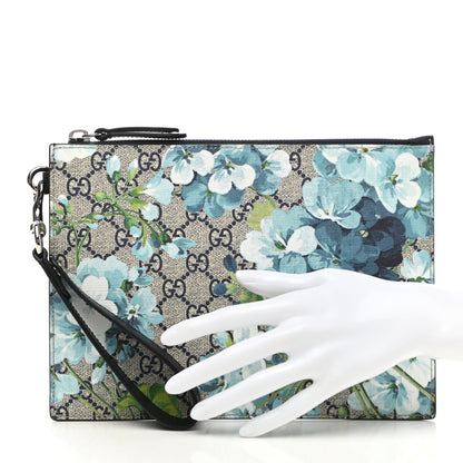 Gucci GG Supreme Monogram Blooms Small Zip Wristlet Pouch Beige Blue Black 2 of 7