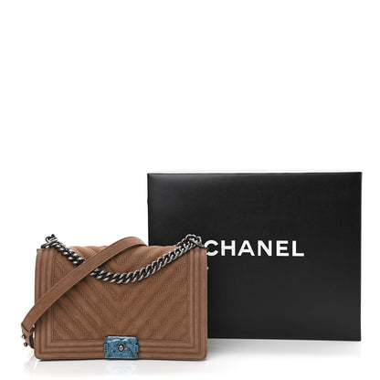 Chanel Nubuck Chevron Quilted New Medium Boy Flap Brown 12 of 12