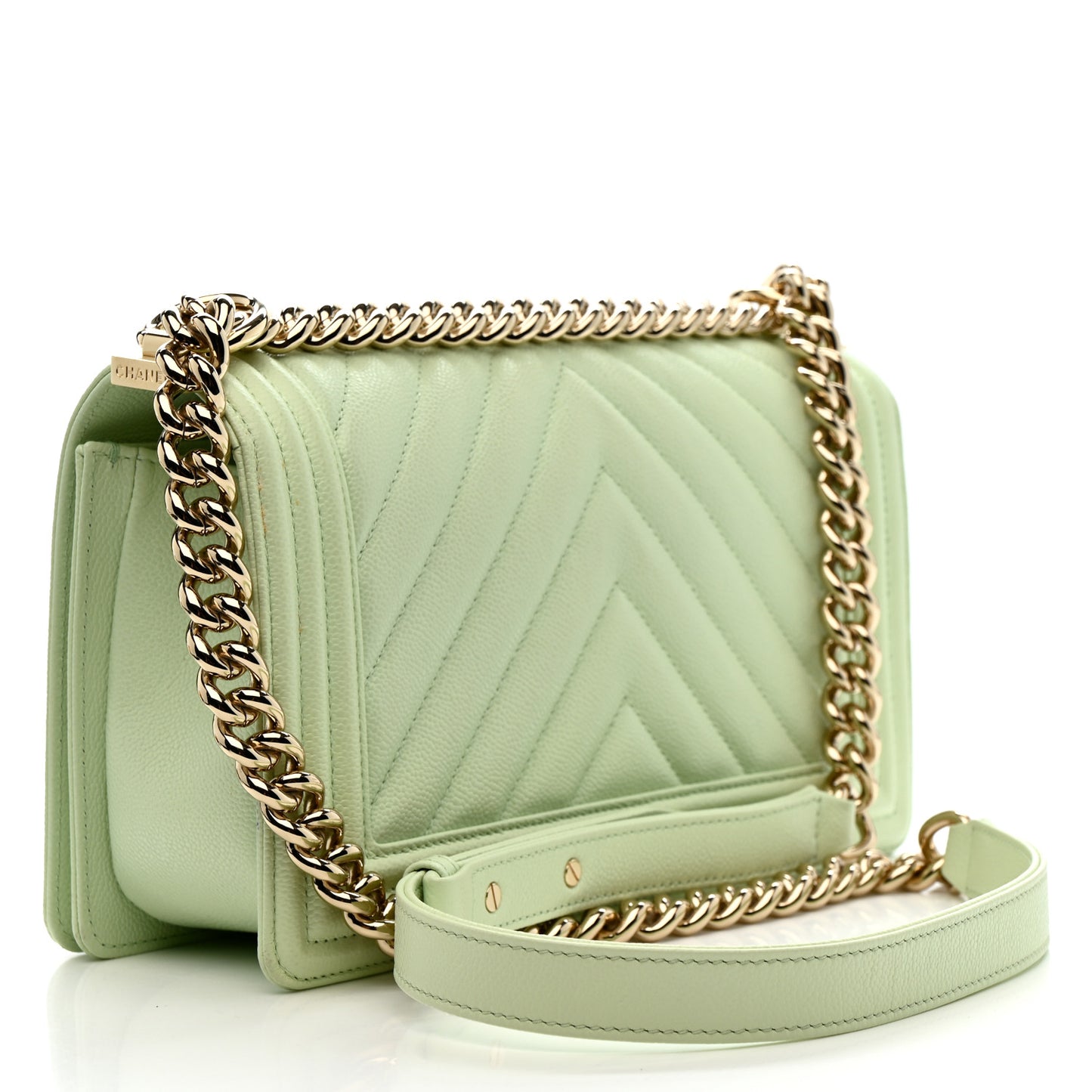 Caviar Chevron Quilted Medium Boy Flap Light Green