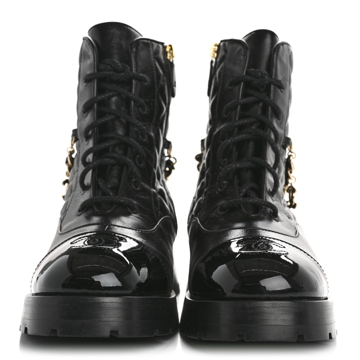 Shiny Calfskin Patent Quilted Chain Lace Up Combat Boots 39.5 Black