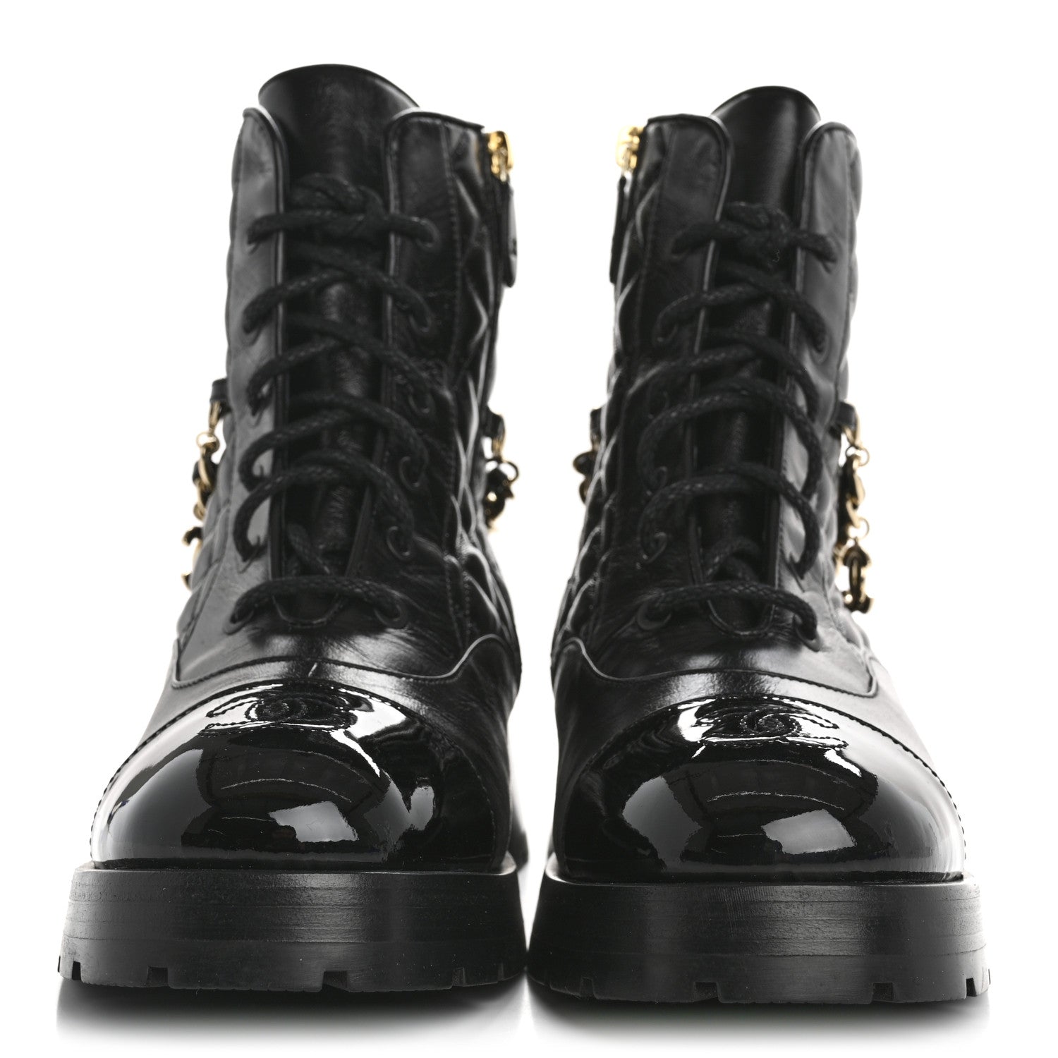 Chanel Shiny Calfskin Patent Quilted Chain Lace Up Combat Boots 39.5 Black 3 of 9