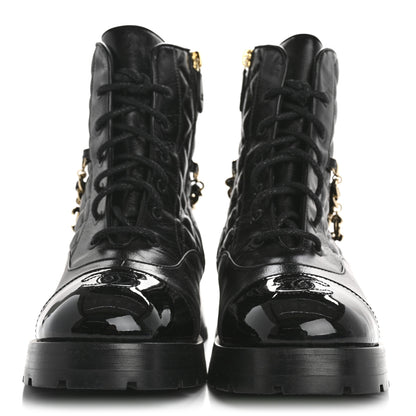 Chanel Shiny Calfskin Patent Quilted Chain Lace Up Combat Boots 39.5 Black 3 of 9