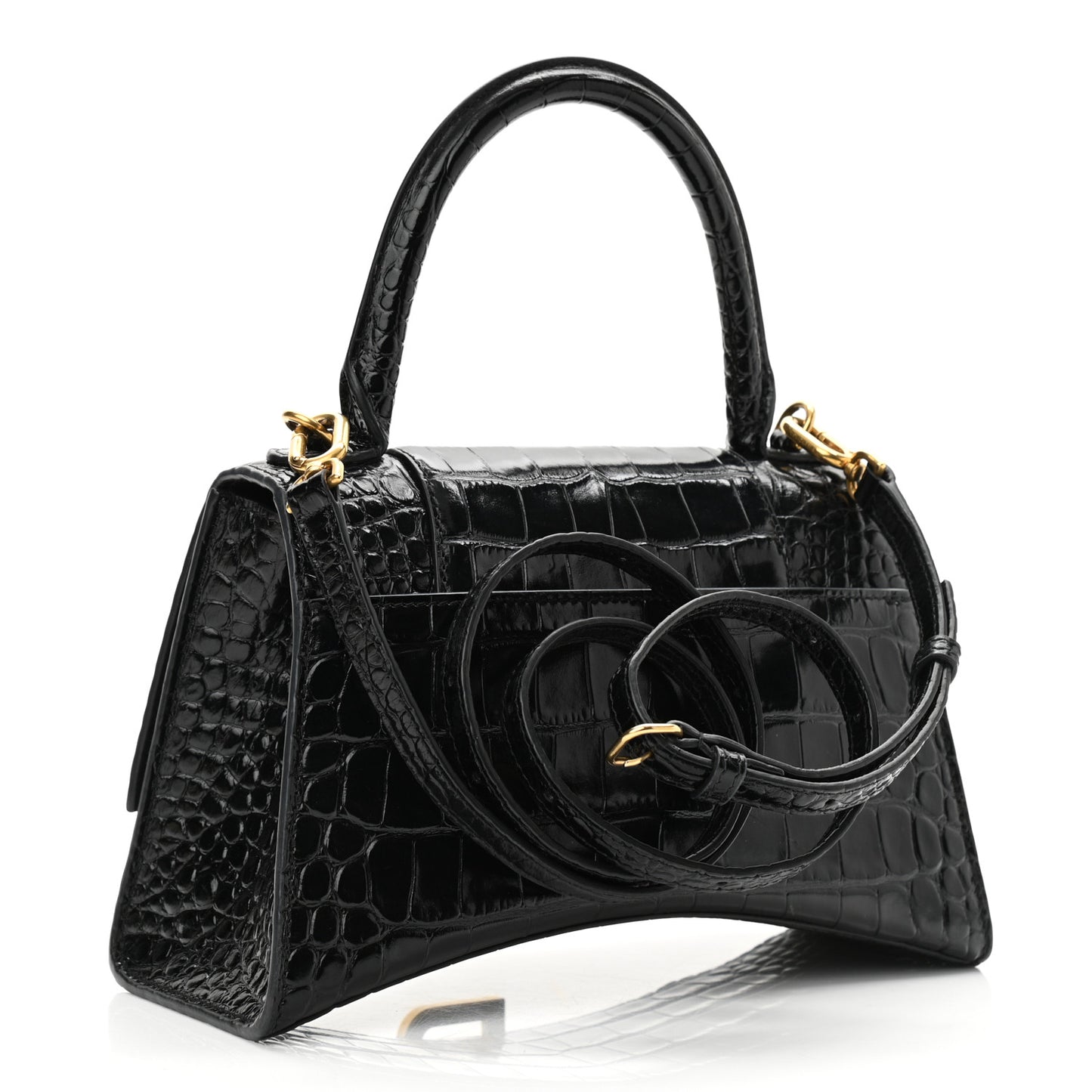 Shiny Calfskin Crocodile Embossed Small Hourglass Top Handle Bag Black