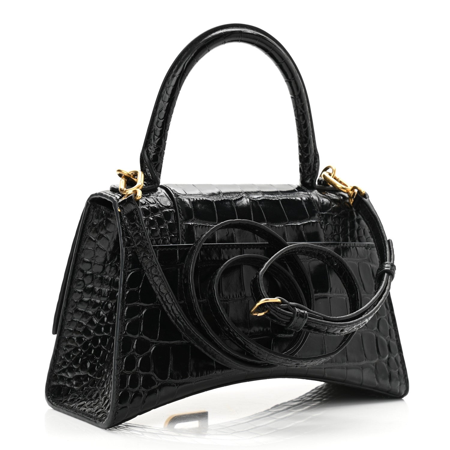 Balenciaga Shiny Calfskin Crocodile Embossed Small Hourglass Top Handle Bag Black 3 of 12