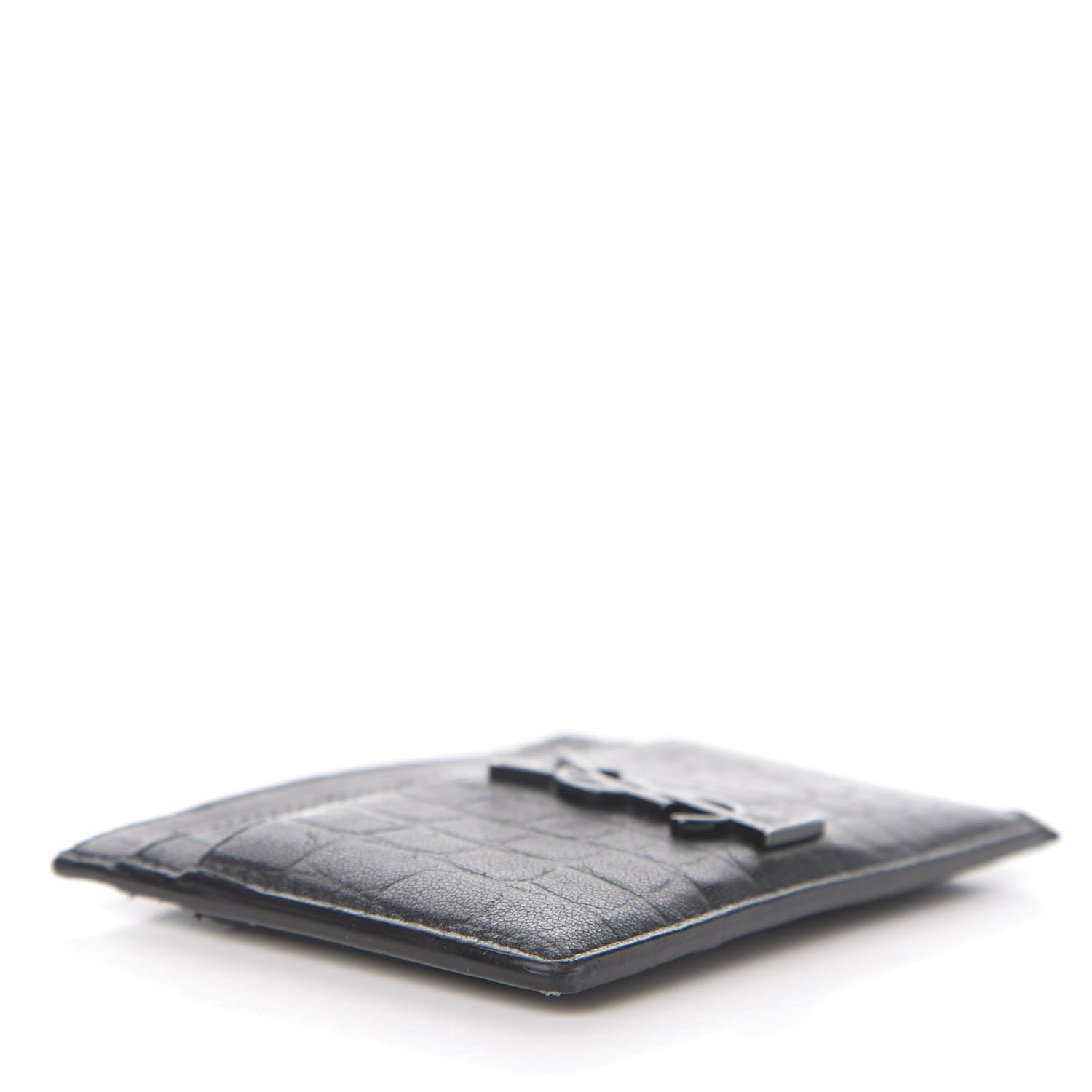 Saint Laurent Calfskin Crocodile Embossed Monogram Credit Card Case Black 3 of 9