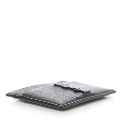 Saint Laurent Calfskin Crocodile Embossed Monogram Credit Card Case Black 3 of 9