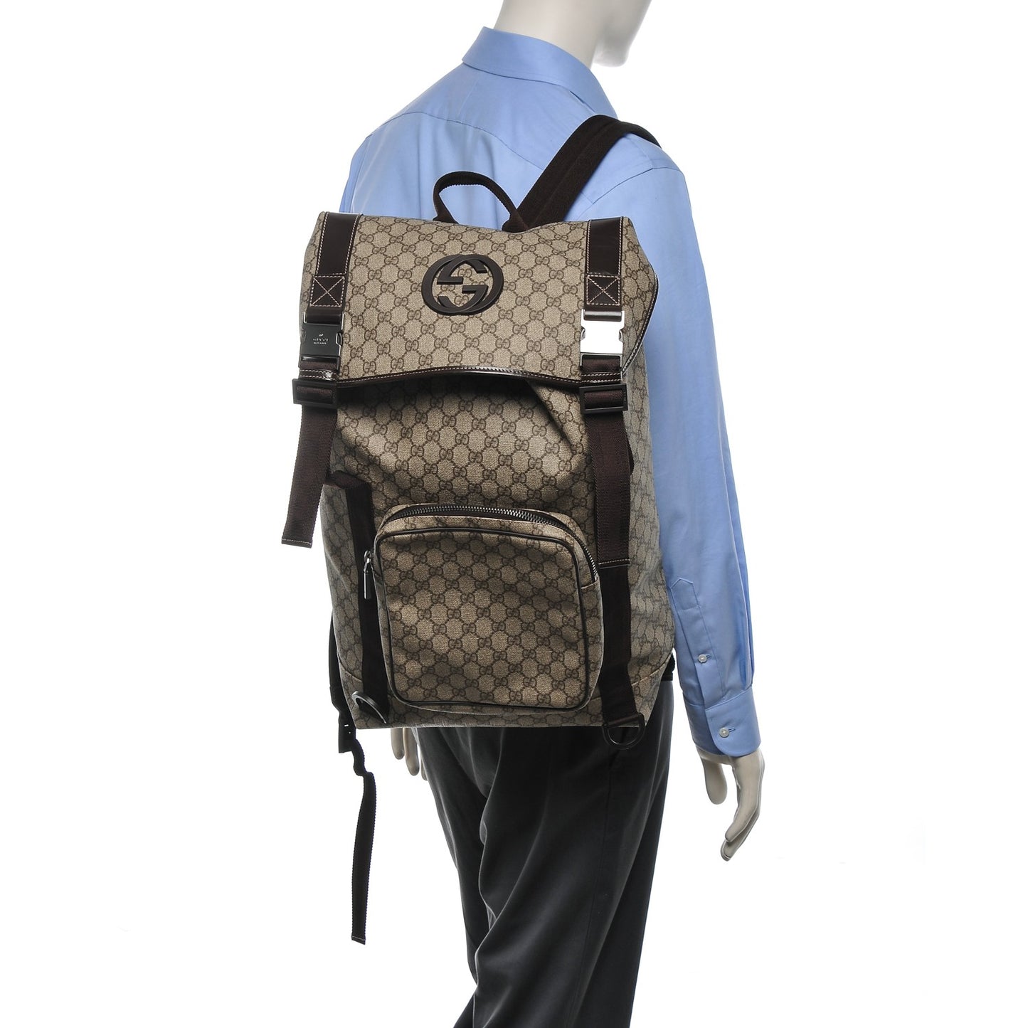 GG Supreme Monogram Large Interlocking G Double Buckle Backpack Dark Brown