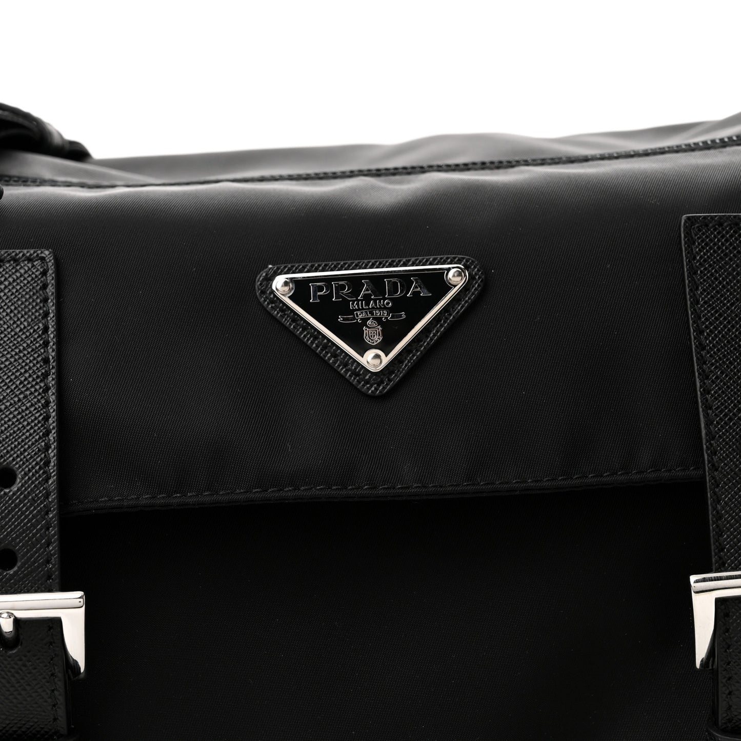 Re-Nylon Vela Saffiano Pocket Double Buckle Messenger Shoulder Bag Black