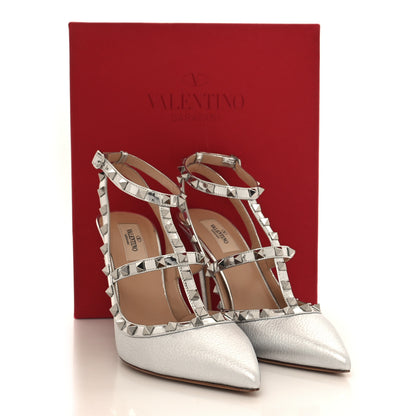 Valentino Garavani Metallic Pebbled Calfskin Rockstud Ankle Strap 100mm Pumps 41 Silver 9 of 9